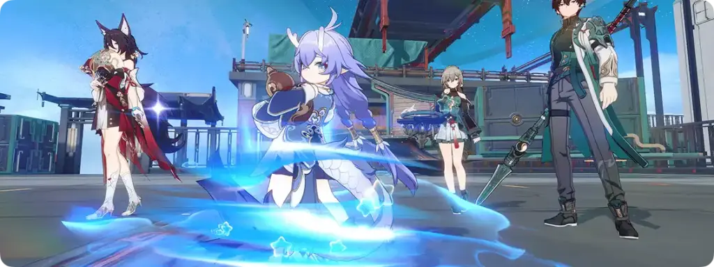Captura de tela de Honkai: Star Rail, mostrando a personagem Bailu cercada por um efeito de água, com Tinyun, Qingxue e Dan Heng ao fundo.