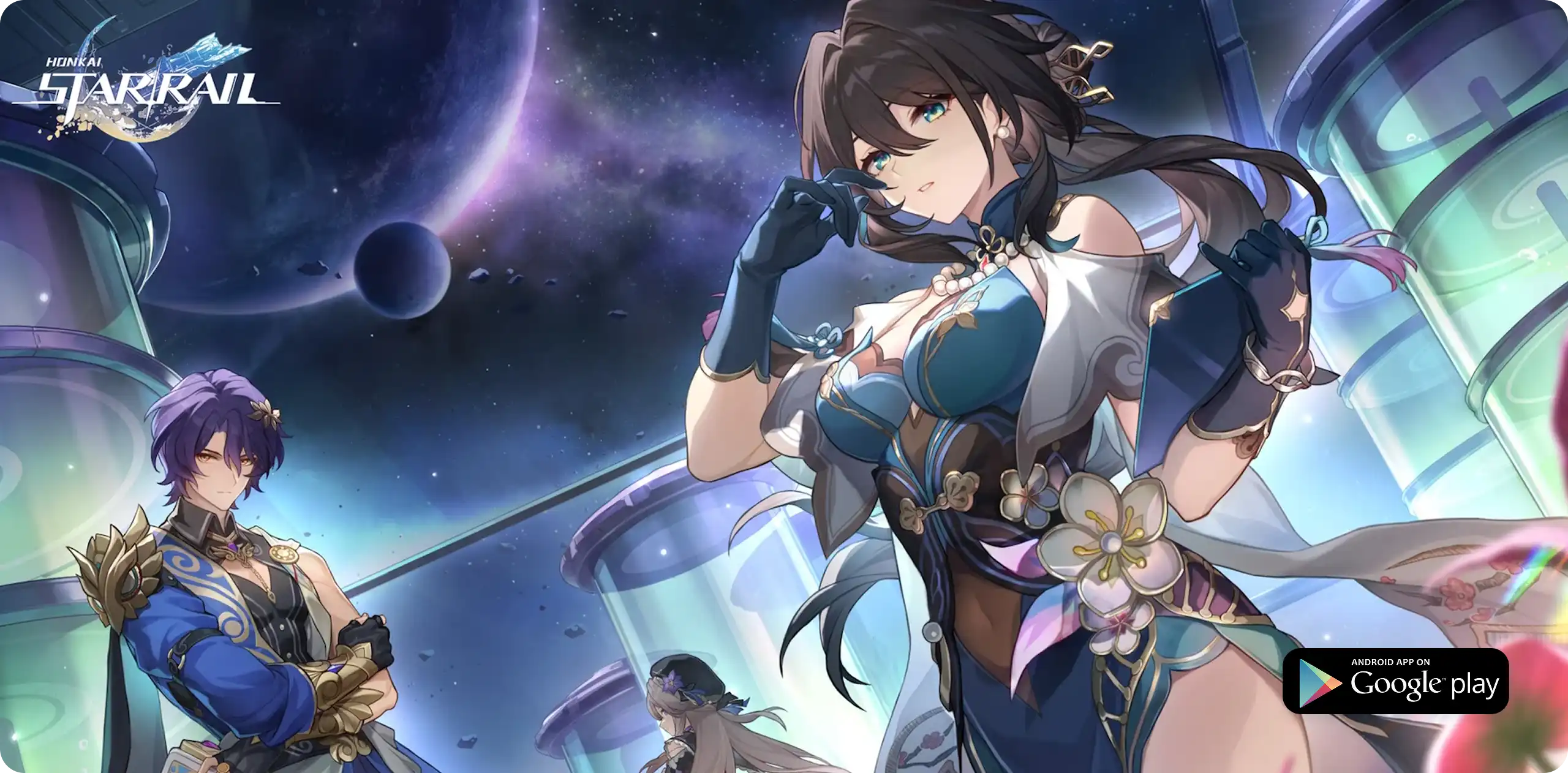 Personagens Juan Mei e Dr. Ratio em frente a naves espaciais e espaço aberto em uma ilustração promocional para Honkai: Star Rail versão 1.6.