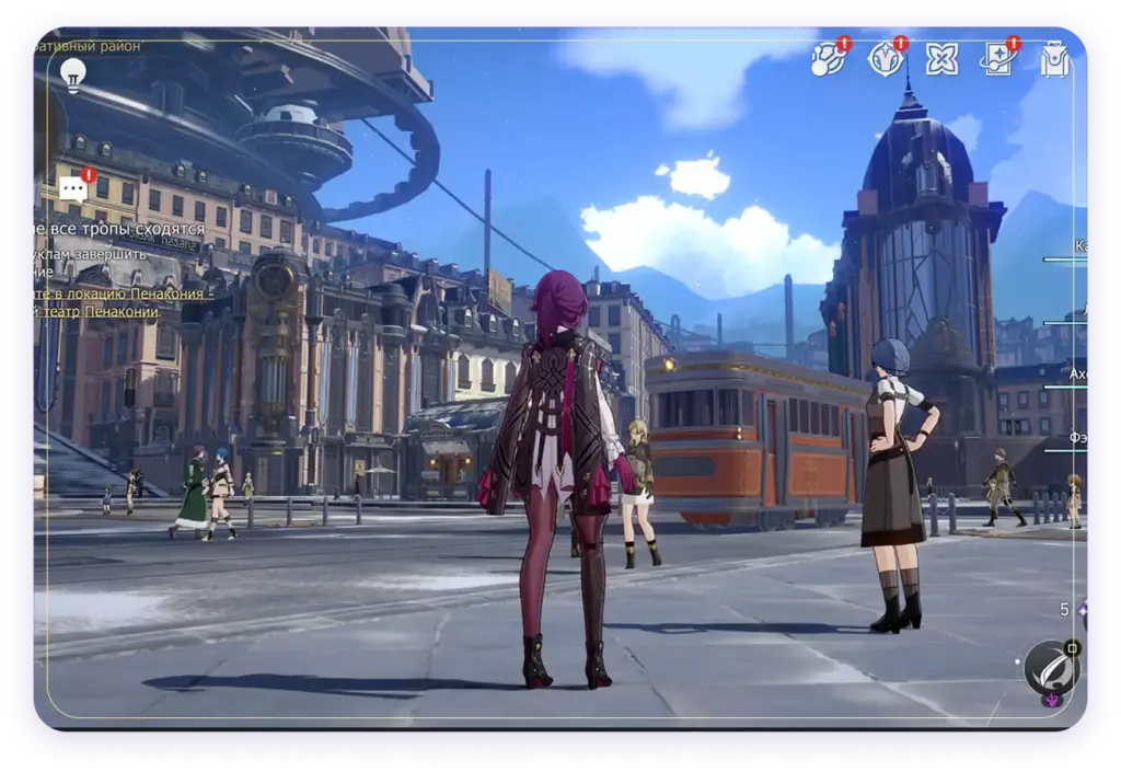 Gameplay de Honkai: Star Rail em terceira pessoa, com o personagem Kafka ao lado de um bonde na Praça do Distrito Administrativo, tendo como pano de fundo a arquitetura europeia.