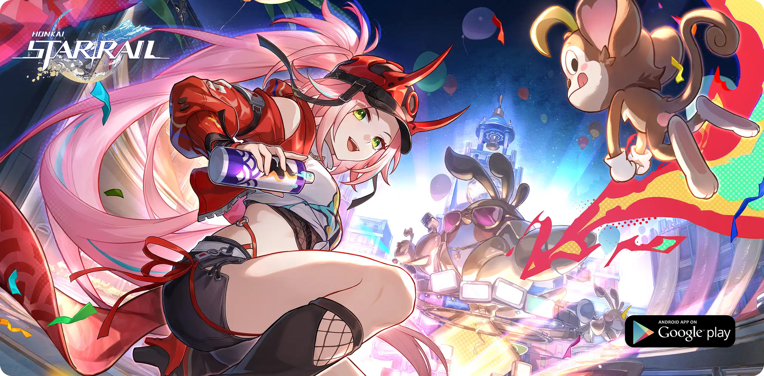 Ilustração promocional de Honkai: Star Rail apresentando a heroína de cabelos rosa, Ninyu, segurando uma lata de tinta spray, com o parque de diversões decorado com a estátua do Relógio ao fundo.