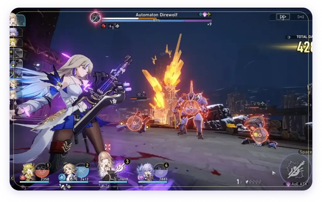 Gameplay de Honkai: Star Rail, com Serval apontando sua guitarra-arma para o robô lobisomem Automaton, com os cristais amarelos brilhantes ao fundo.
