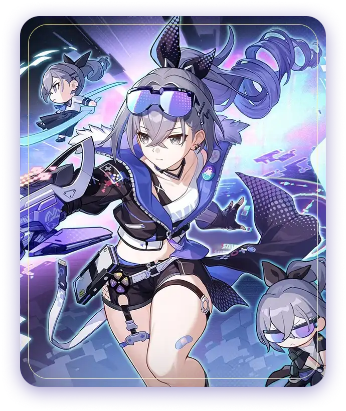 Personagens apresentados na ilustração promocional do jogo Honkai: Star Rail: Silver Wolf com armas digitais e versões chibi, e Locha com espada.