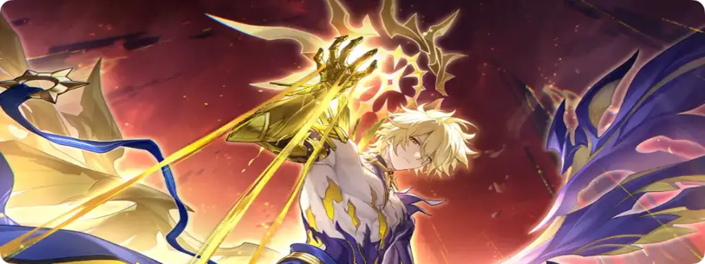 Personagem de domingo em forma divina, com uma coroa-máscara dourada e asas roxas, contra o pano de fundo do céu avermelhado de Honkai: Star Rail.