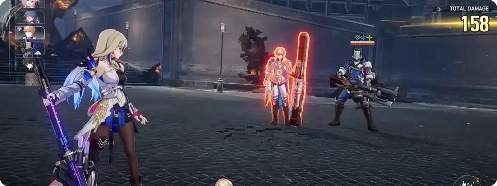 Gameplay de Honkai: Star Rail, no qual a personagem Serval, equipada com uma guitarra, enfrenta o inimigo principal, Cheetah, e um soldado na praça da cidade.