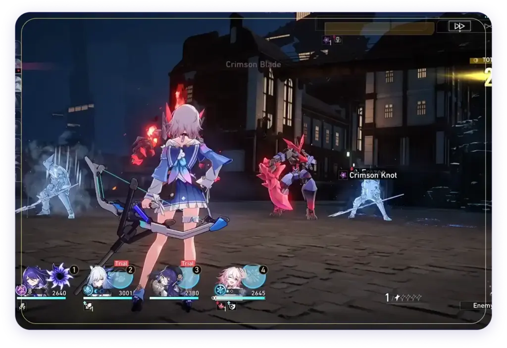 Gameplay de Honkai: Star Rail, mostrando a personagem de 7 de março em pé no campo de batalha com um arco contra o robô lobisomem Automaton e inimigos congelados.