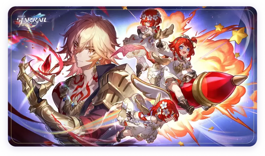 Ilustração promocional da versão 3.1 de Honkai: Star Rail, mostrando os personagens Kapibara, Mitsuki e Aglaia em frente a um anfiteatro de estilo grego sob um céu estrelado.