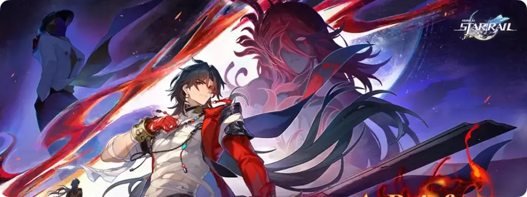 Arte promocional para o lançamento de Honkai: Star Rail versão 4.3, apresentando Blade em primeiro plano, com as silhuetas dos outros heróis aparecendo contra um fundo vermelho e azul.